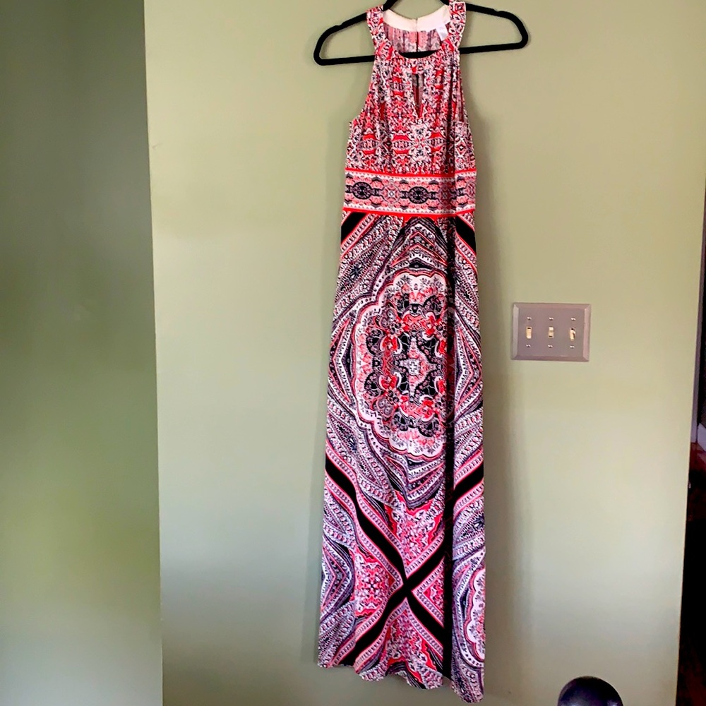 Blue White and Pink Maxi Dress with High Neck